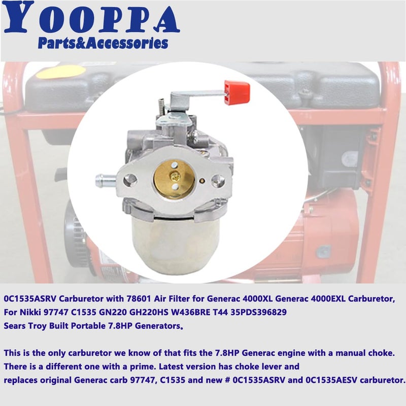 Yooppa 0C1535ASRV Carburetor with 78601 Air Filter for Generac 4000XL Carburetor Generac 4000EXL Nikki 97747 C1535 GN220 GH220HS W436BRE T44 35PDS396829 Sears Troy Built Portable 7.8HP Generators - Image 5